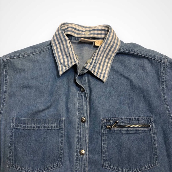 Boho Western Denim Button Up Shirt  Reversable Embroidered Flower Plaid Collar - Picture 2 of 8